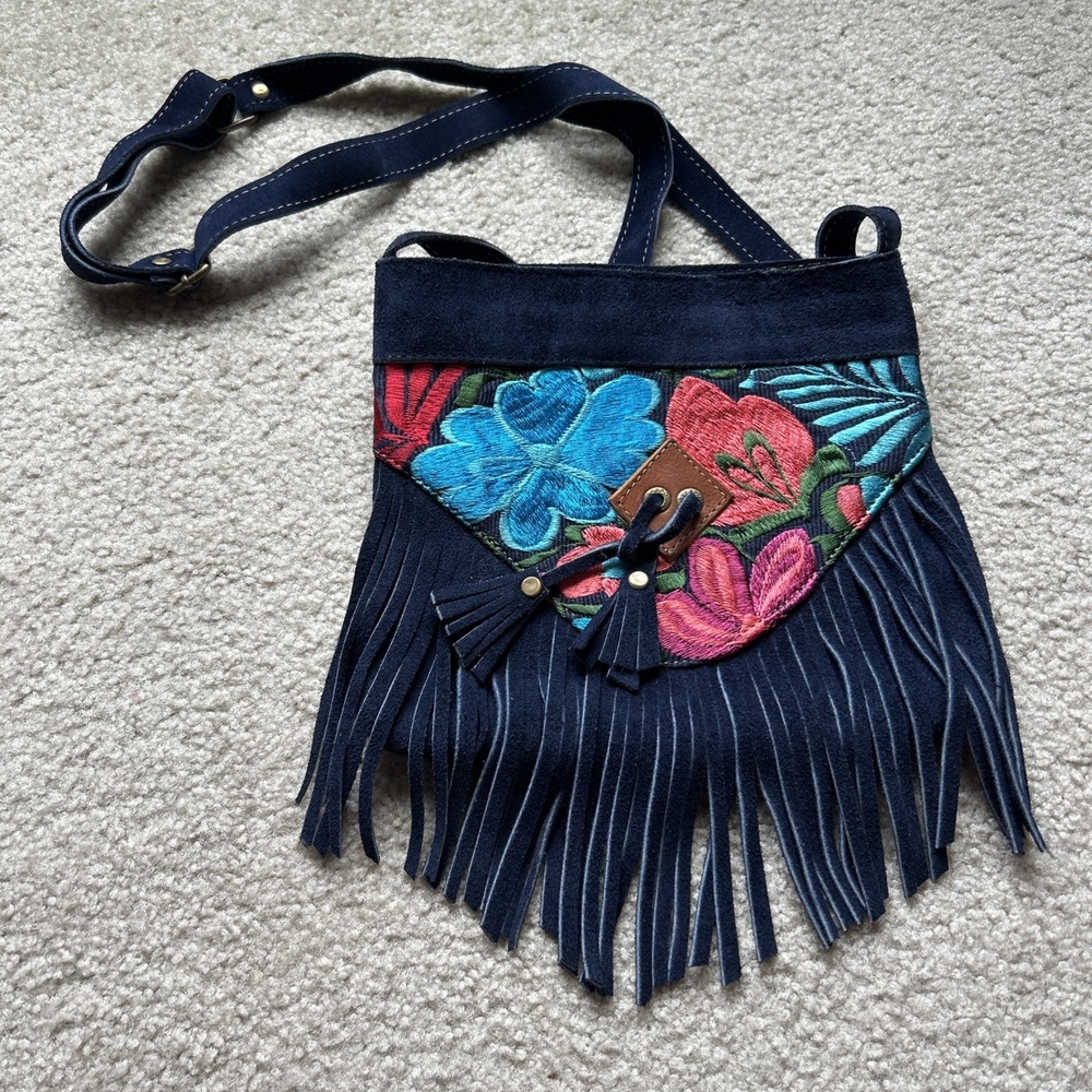 Boho Navy Suede Floral Embroidered Fringe Crossbody Bag Handmade Western Hippie